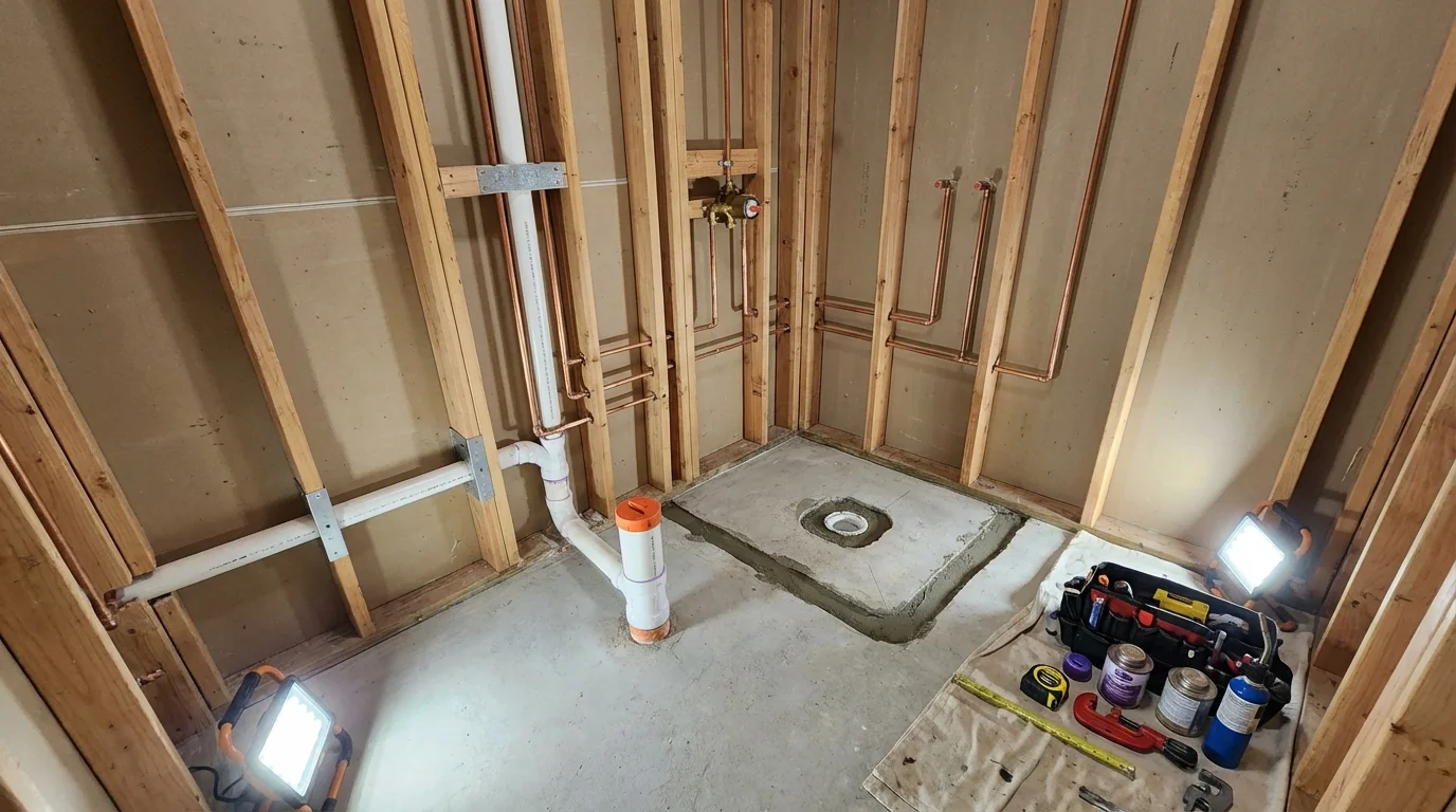 Bathroom rough-in plumbing during remodel by Johns Plumbing LLC in Kennesaw