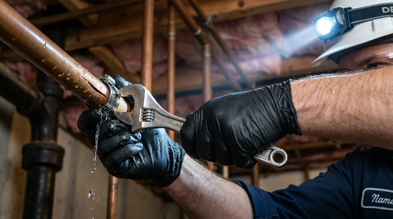 Emergency pipe clamp repair being performed by a Johns Plumbing LLC plumber in Kennesaw