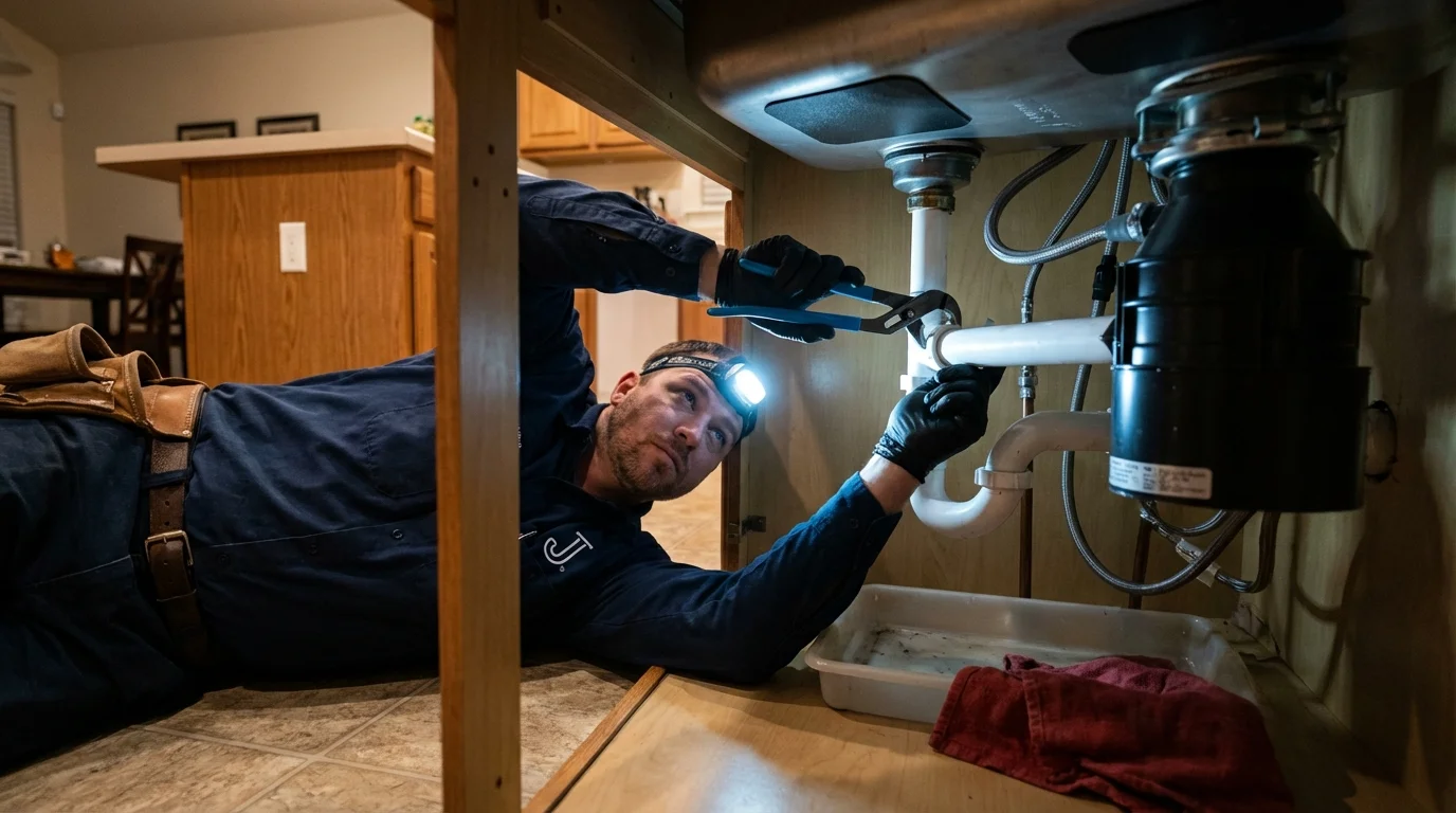 P-trap and supply line connections under a kitchen sink showing a common leak point in Kennesaw, GA